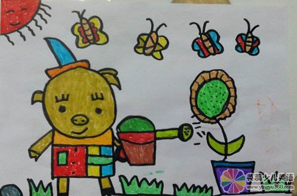 儿童画小猪猪浇花